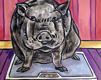 Pot Belly Pig in a bathroom scale - dog art - tile coaster - gift