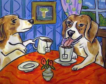 Beagles having tea dog art print - strehced canvas or paper print - multiple sizes available
