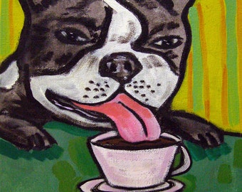 boston terrier at the coffee shop dog art tile coaster - multple sies