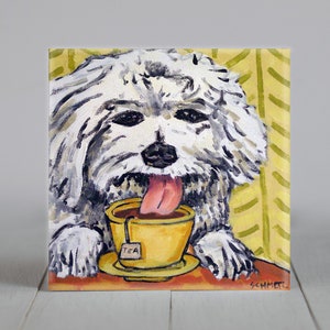 bichon frise - tea artwork - home decor- coaster tile - square - animal decor - modern