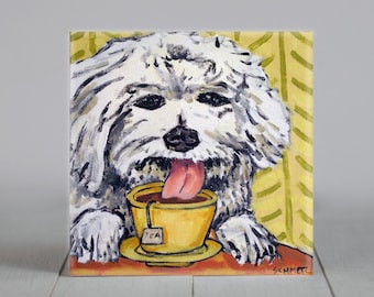 bichon frise - tea artwork - home decor- coaster tile - square - animal decor - modern