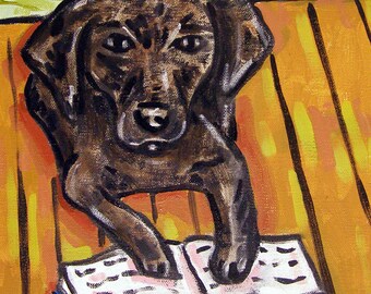 Black Labrador Retriever Reading - dog art - tile coaster - animal lover gift - home decor