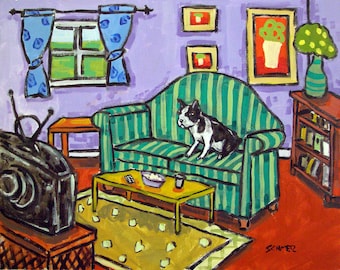 boston terrier watching tv dog art print canvas dog wall art gift
