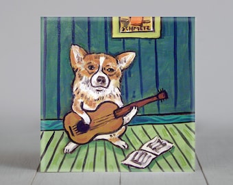 corgi playing guitar dog art tile coaster gift animal decor