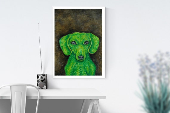 GREEN dachshund dog art tile coaster impressionism animals artist gift new