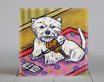 West highland White Terrier Playing the Violin Dog art tile coaster - multiple sizes