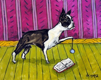 Boston Terrier dog art prin playing with a yo yo -  streched canvas or matte paper print - multiple sizes