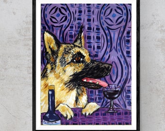 German Shepherd at the Wine Bar Dog Art Print - 13 x19 matte or paper print