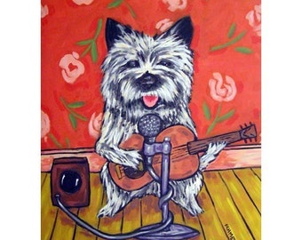Cairn Terrier Playing Guitar Dog Art print - stretched canvas or paper print