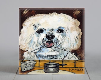 Bichon Frise art - coaster tile - birthday gift for girlfriend or boyfriend - farmhouse coffee decor