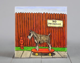 schnauzer - skateboarding - dog art - tile coaster- animal decor - gift