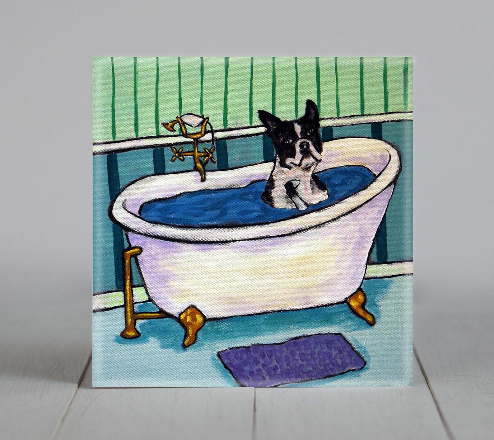 Boston Terrier Taking a Bath Dog Art Tile Coaster Gift Etsy