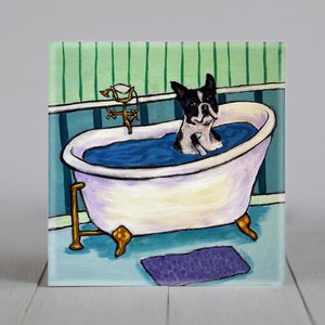 boston terrier taking a bath dog art tile coaster gift - multiple siezes available