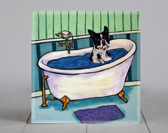 boston terrier taking a bath dog art tile coaster gift - multiple siezes available