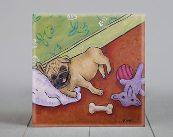 pug sleeping with dog toys dog art coaster tile