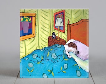 jack russell taking a nap - dog art - tile coaster - gift
