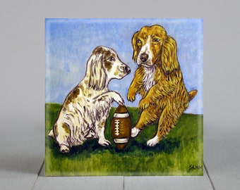 Cocker spaniel football field goal kicker dog art artwork tile coaster - multiplle sizes