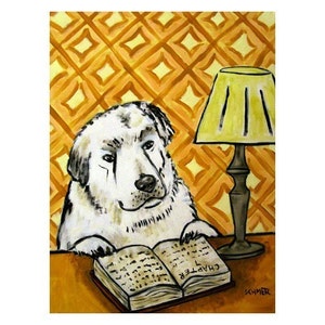 Großer Pyrenäen-Lesen in der Bibliothek Hund Kunstdruck - Leinwand oder Papierdruck