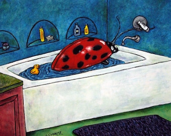 Ladybug Taking a Bath Insect Art Print  POP art folk art MODERN