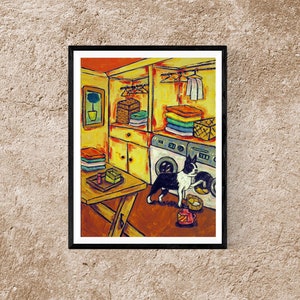 boston terrier doing the laundry dog art print - stretched canvas or paper print - multiple sizes available