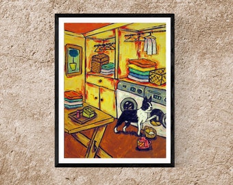 boston terrier doing the laundry dog art print - stretched canvas or paper print - multiple sizes available