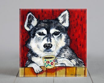 Siberian Husky ceramic coaster tile coffee gift for dog owner birthday gift