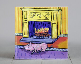 Pig by the Fireplace Animal Art coaster tile Gift