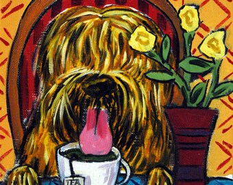 briard at the coffee shop dog art print - stretched canvas or paper print - multiple sizes available