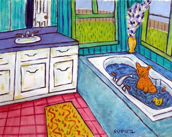 ginger cat taking a bath art print - canvas or paper print - multiple sizes