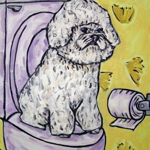 bichon frise in the bathroom - dog art print - bathroom decor - gift