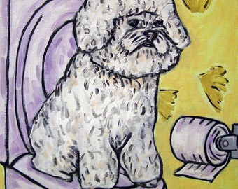 bichon frise in the bathroom - dog art print - bathroom decor - gift