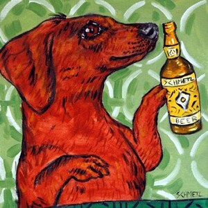dachshund art - Daschhund Having a Beer Dog Art Print - dachshund gifts