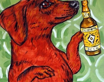 dachshund art - Daschhund Having a Beer Dog Art Print - dachshund gifts