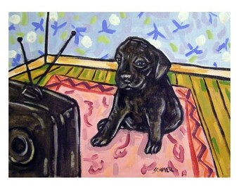 Black Labrador Retriever Puppy Watching Television Dog Art Print  JSCHMETZ modern abstract folk pop art AMERICAN ART gift