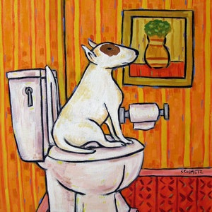 bull terrier bathroom edcor dog art print - stretched canvas or paper print - multiple sizes available
