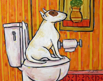 bull terrier bathroom edcor dog art print - stretched canvas or paper print - multiple sizes available