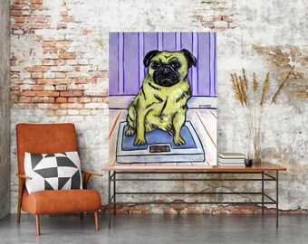 pug on a scale - streched canvas or paper print - multiple sizes available