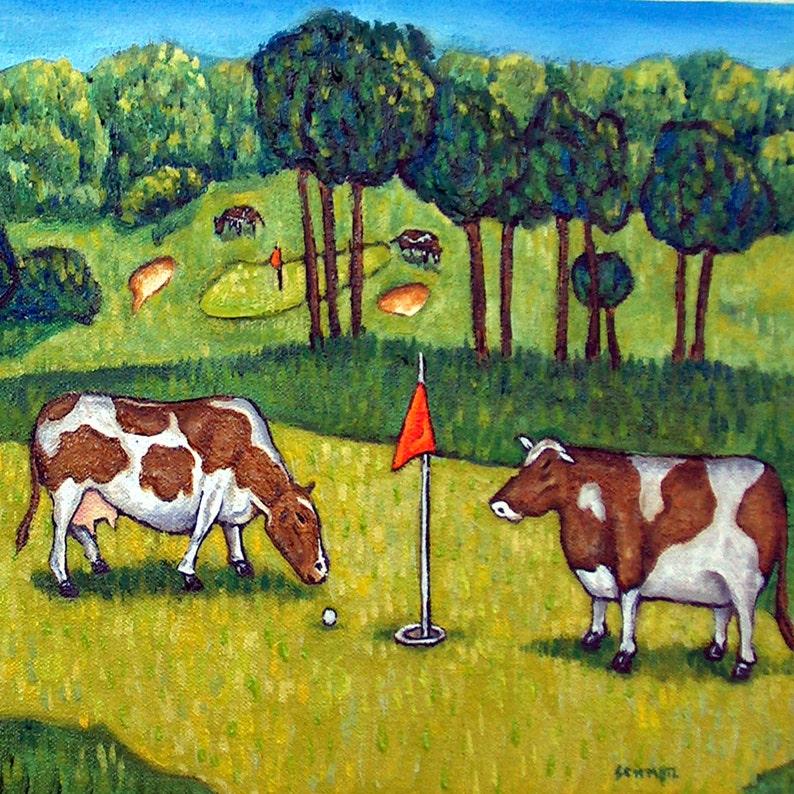 Gift for golfer from original oil painting by artist Jay Schmetz farm animal Cow Grazing fine art coaster tile