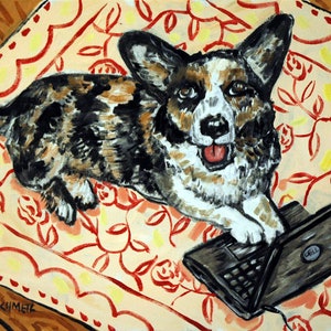Corgis arbeit auf einer Laptop Hundekunst auf einer gespannten Leinwand - Dekor für Zuhause oder Büro