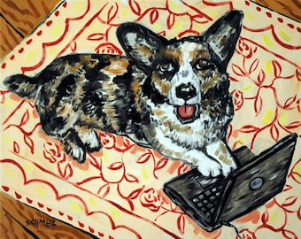 Corgi working on a laptop dog art on a stretched canvas print - home office decor