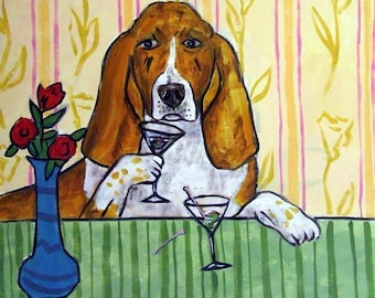 basset hound at the martini bar dog art animal artwork coaster tile decor gift