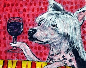 Chinese Crested at the Wine Bar Dog Art coaster tile Gift