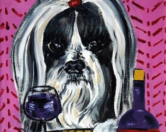 Shih Tzu - dog art - 13x19 print - wine art gift - modern folk - poster