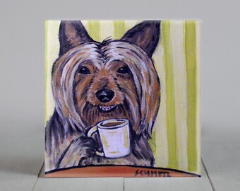 Australian Silky Terrier at the Coffee Shop Dog Art coaster tile square modern folk decorative animal decor