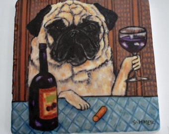 Tumbled Stone Tile with Pug Wine Art - coaster - gift -4 x 4 Inches -