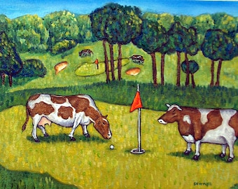 cow Art PRINT poster gift JSCHMETZ modern folk golf 13x19