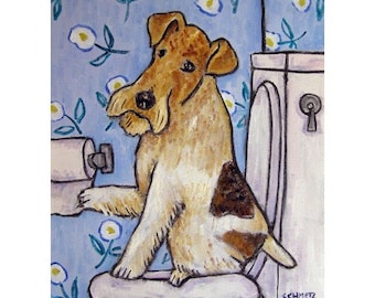 Fox Terrier in the Bathroom Dog Art Print - canvas or paper print - multiple sizes