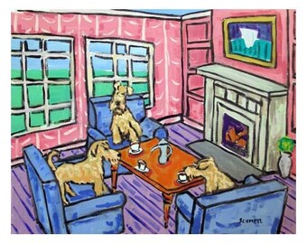 Irish Terrier Tea Party Dog Art Print    madern folk abstract art giclee archival
