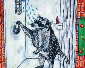 raccon taking a bath 13x19 animal art print - matte ot glossy