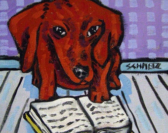 dachshund reading dog art coaster tile